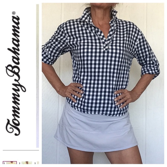 TOMMY BAHAMA BONITA CHECK PRINT POPOVER BLOUSE WOMENS SMALL - Picture 1 of 12